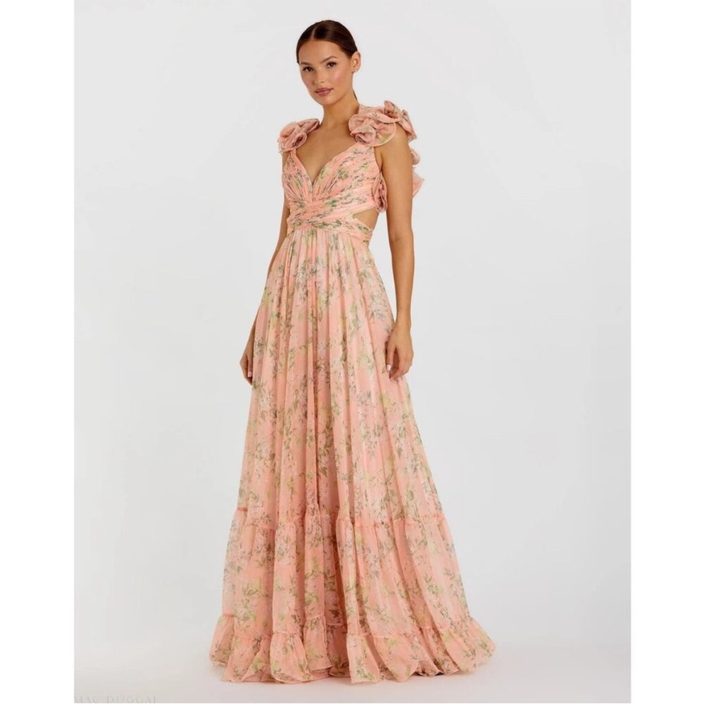 Mac Duggal 67803 Pink Ruffle Tiered Floral Cut-Out Chiffon Gown Dress Sz 4 NWOT